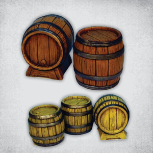 Ale Barrels by Crooked Dice containing 5 wooden barrel miniatures to decorate your gaming table, add to your diorama or as scatter for your RPG. Sculpted by Iain Colwell, cast in resin and provided unpainted.   