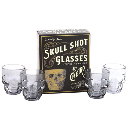 A set of four glass shot glasses featuring skull faces adding a spooky edge to your Halloween party, social gathering or as a great New Home gift for a friend.