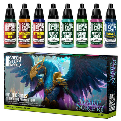 Warp Sorcery Paint Set by Green Stuff World. A set of 8 acrylic paints with an opaque and smooth matt finish to help you achieve a mystical look for your miniatures as this box set includes intensity inks and effect paint. Made using the new Green Stuff World Maxx Formula