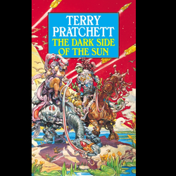 The Dark Side Of The Sun by Terry Pratchett a paperback book with a science fiction, space opera, fantasy vibe. Why in this age of science is Dom's future in doubt, after all he has an excellent robot servant, a planet as a godfather and on his home world even Death is not always fatal