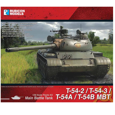 A Rubicon 1/56 Scale Model plastic kit to replicate the Soviet T-54-2 / T-54-3 / T-54A / T-54B main battle tank 