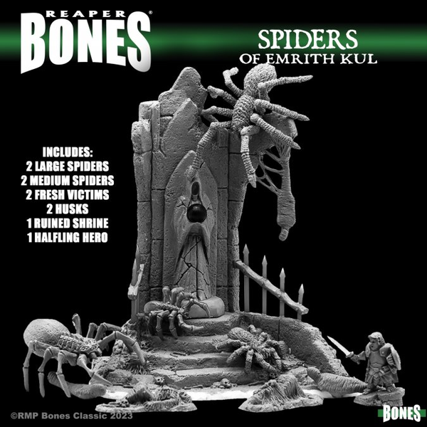 77766 The Spiders Of Emrith Kul a boxed set by Reaper Miniatures sculpted by Bob Ridolfi for your tabletop gaming needs. A diorama set great for roleplaying, gaming, painting, collecting and more