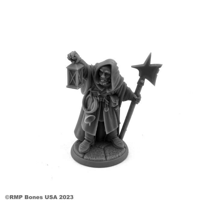 07112 Night Watchman Townsfolk sculpted by Bobby Jackson from the Reaper Miniatures Bones USA Dungeon Dwellers range. A wonderful edition to your RPG table, an older character holding a lamp with a peering stance.