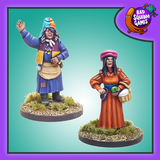 Market Traders, a pack of two metal miniatures by Bad Squiddo Games sculpted by Shane Hoyle. Two ladies going about their day trying to make a living selling goods on the market, one holds a hand in the air and the other has a basket on her arm and a hand reaching for a purse making great editions to your tabletop games, RPGs and hobby needs