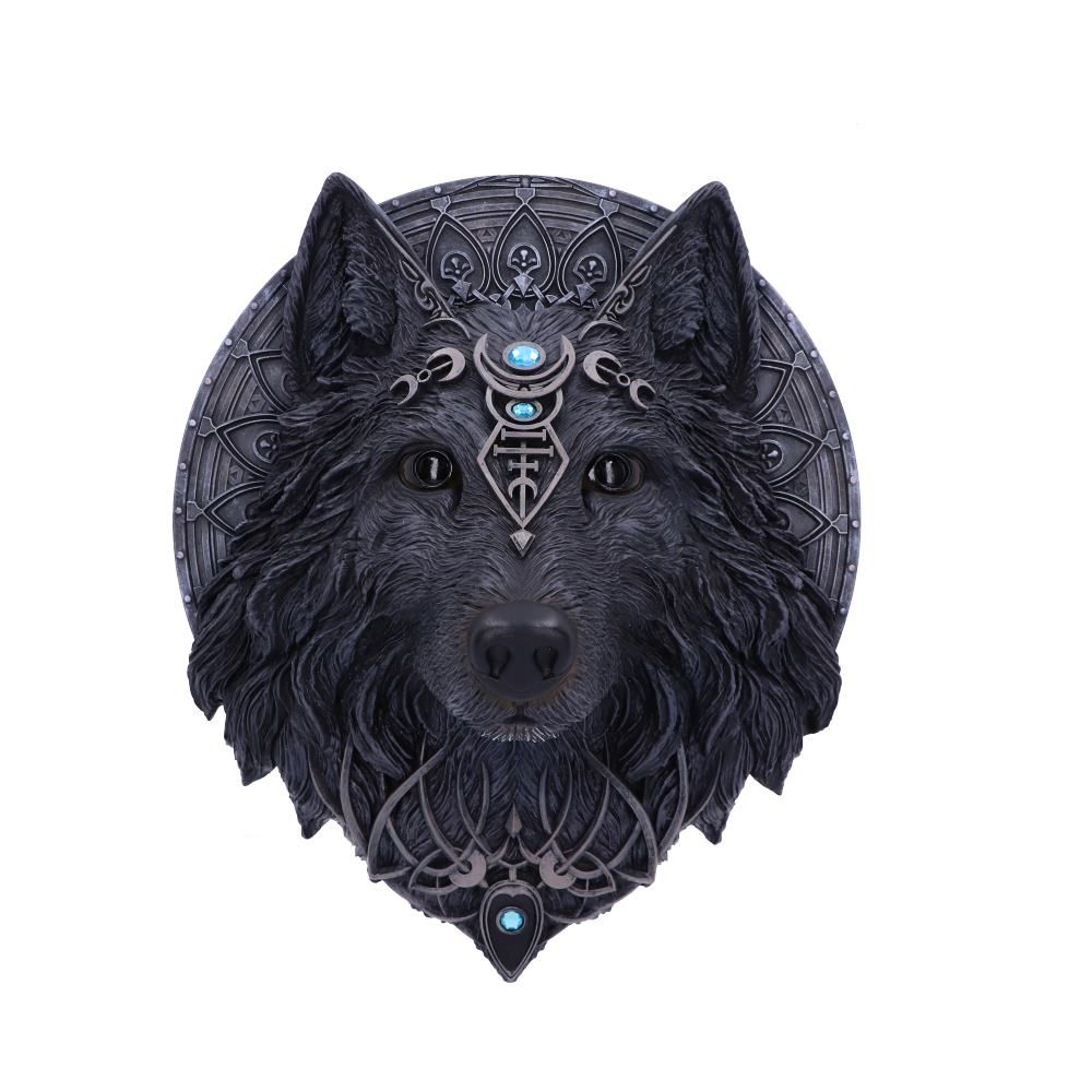 Nemesis Now Wolf Moon Wall Plaque. A hand painted black wolf with forehead jewels and silver detailing