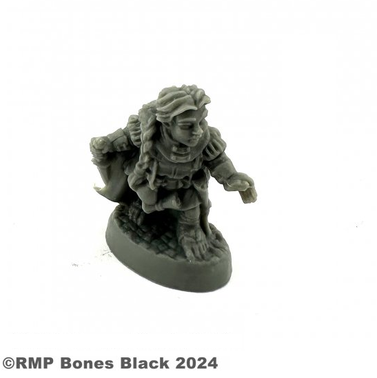 20345 Molly Copperpot Halfling Rogue by Reaper Miniatures from their Bones Black range sculpted by Bobby Jackson for your tabletop gaming needs. A great and characterful gaming figure of a halfling with a plait (braid), hooded cloak and dagger in one hand for your RPG and more