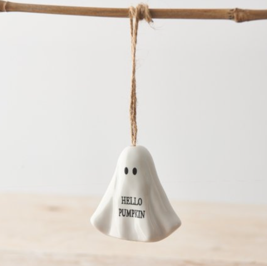 Hello Pumpkin Hanging Ghost Ornament. This adorable ghost is white with 'Hello Pumpkin' printed in black