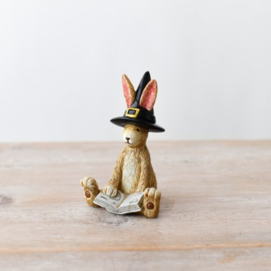 Introducing the Sitting Witch Rabbit With Book - the adorable bunny is ready to conjure up some fun with a trusty book of spells and a black witches hat, this spooky cutie is the perfect addition to any Halloween display