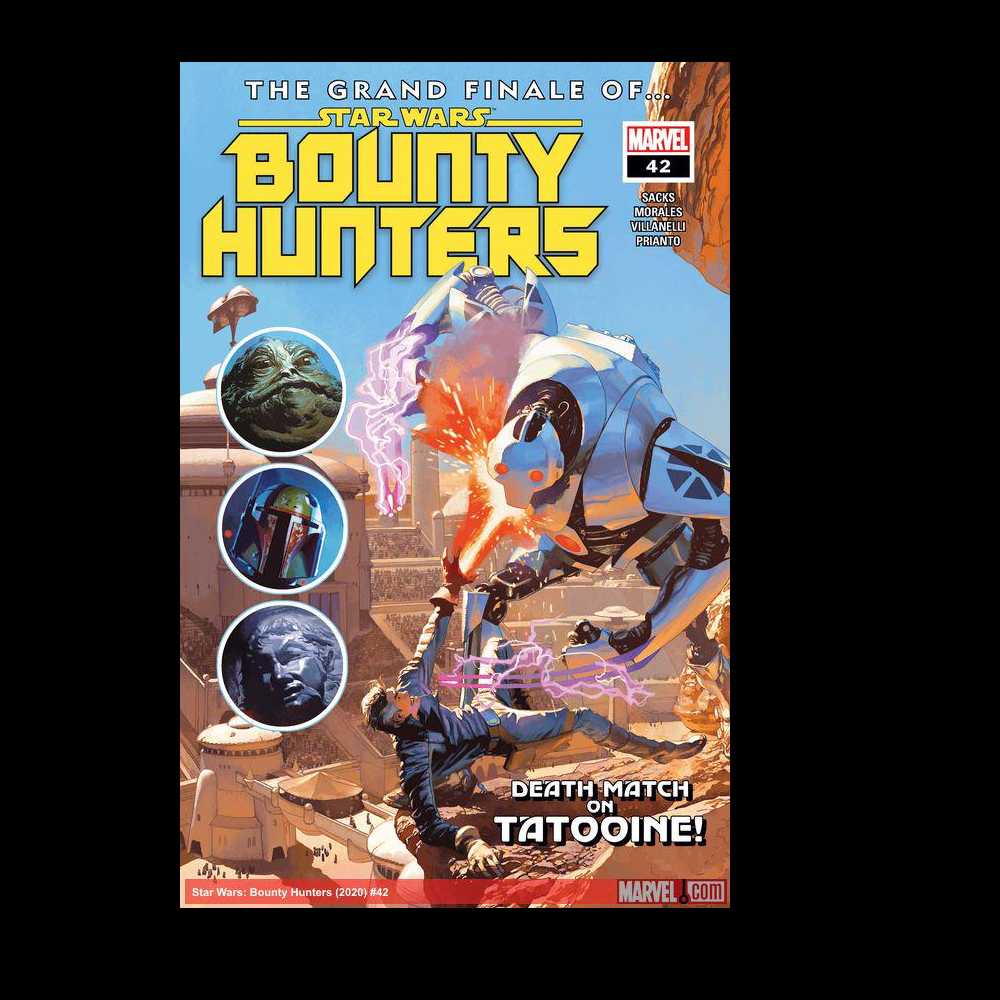 Star Wars Bounty Hunters #42 from Marvel Comics written by Ethan Sacks with art by Josemaria Casanovas. The explosive end of the saga with one final mission but can the crew fight their way past Boba Fett and Jabbas secret weapon? 