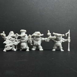 Shark Chibis D by Iron Gate Scenery.&nbsp; A set of four 28mm scale printed resin miniatures representing pirate weresharks in a chibi style, holding various weapons in various characterful poses for your tabletop games, Dungeons and Dragons (D&amp;D) or RPG game