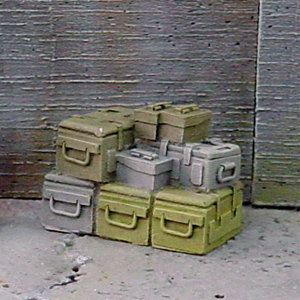 Ammo Stack A&amp;B by Crooked Dice, resin miniatures representing ammunition boxes stacked up for your RPGs, wargaming settings and tabletop games.