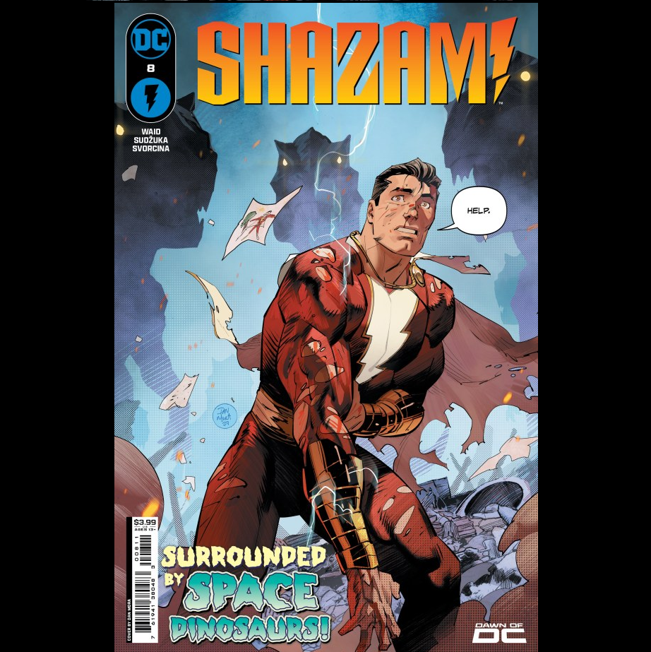 Shazam #8 from DC with cover art A written by Mark Waid with art by Goran Sudzuka. The Captain Vs Alien Dinosaurs.