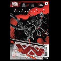 Alien: Black, White &amp; Blood #1 from Marvel Comics. Writers including Collin Kelly and Jackson Lanzing with art by artists including Dev Pramanik and Marcelo Ferreira. A generations-spanning story that will continue through all four issues.