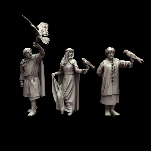 Medieval Falconers by Iron Gate Scenery.&nbsp; A set of three 28mm scale printed resin miniatures consisting of three falconers in different poses, two male and one female for your wargames, tabletop games, RPGs and more