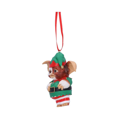 Gremlins Gizmo Elf Hanging Ornament - Nemesis Now Gremlins Christmas ornament. Gizmo dressed as an elf in a green hat and top with red and white stripe legs. 