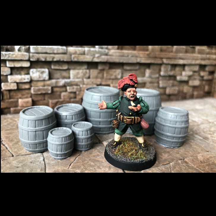 Barrel Set by Crooked Dice containing 5 wooden barrel miniatures to decorate your gaming table, add to your diorama, or as scatter for your RPG. Sculpted by Iain Colwell, cast in resin and provided unpainted.   