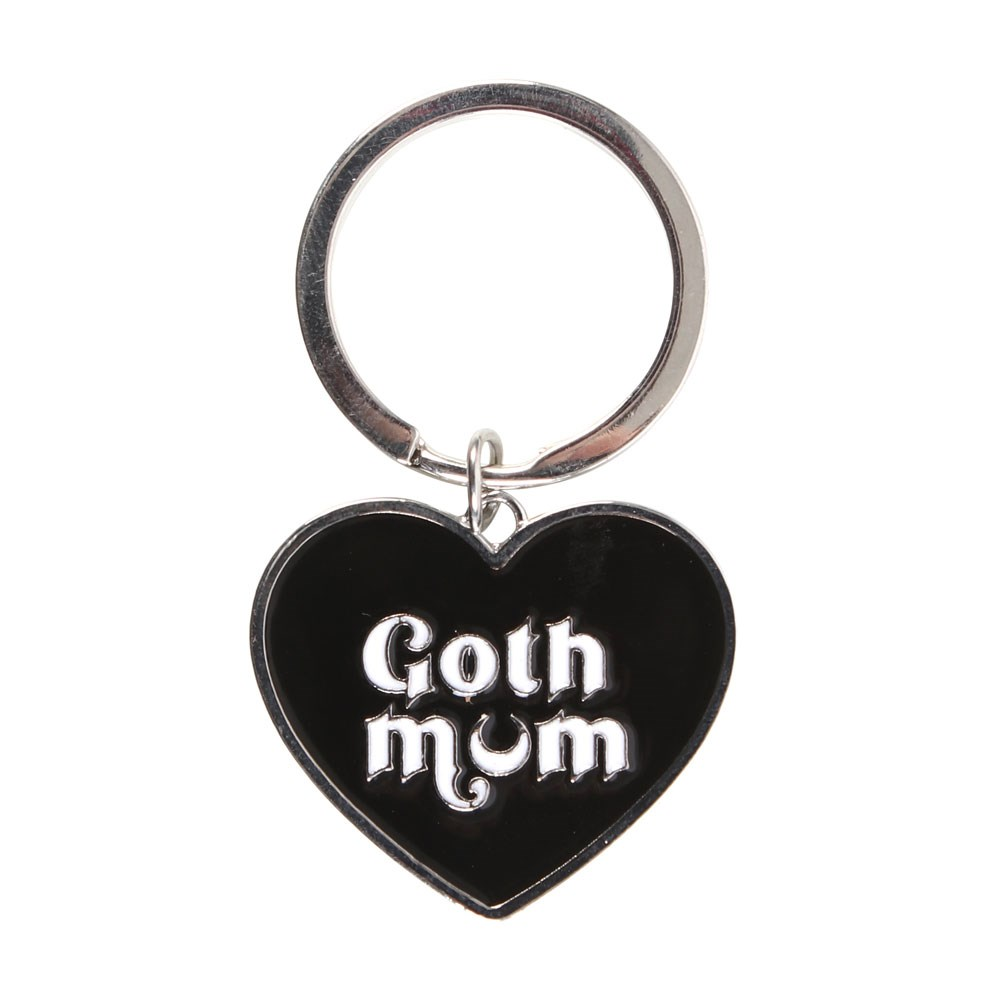 Goth Mum Keyring, a black heart with the words Goth Mum in white on a silver keyring making a wonderful edition to your keys or as a gift for a gothic mummy. 