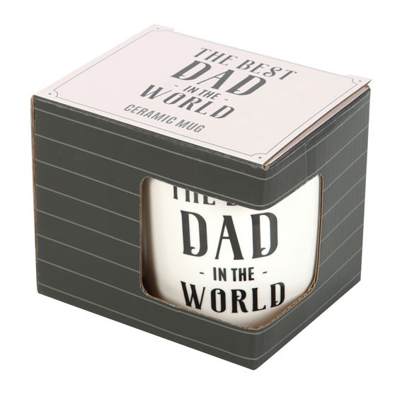 A white mug with the words The Best Dad in The World in black and a black inside making a great gift and showing the father figure in your life that they are the best whether it is a birthday, Christmas, Fathers Day or you just want to let them know how great they are.