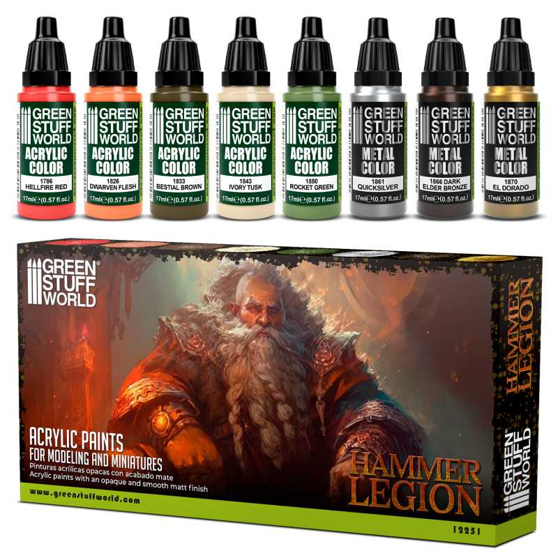 Hammer Legion Paint Set by Green Stuff World. A set of 8 acrylic paints with an opaque and smooth matt finish. Made using the new Green Stuff World Maxx Formula and are provided in dropper bottles for easier flow control. 