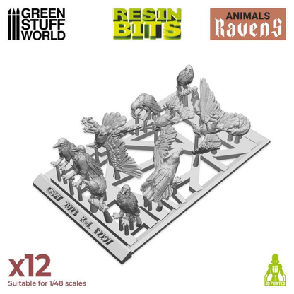 Ravens from the Resin Bits by Green Stuff World. A pack of 12 3D printed ABS-like resin birds for you to use on your miniatures bases, dioramas and other hobby projects.