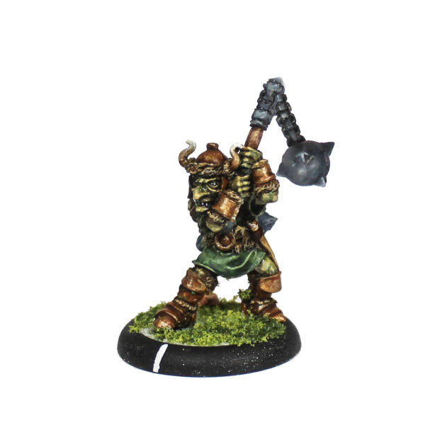 Bogle Bludgeoner by Oakbound Studio. A lead pewter miniature of goblin wearing a helmet and wielding a large mace like weapon