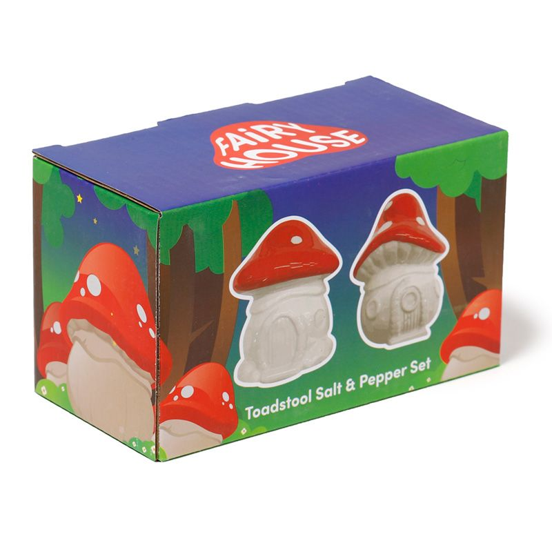 Fairy Toadstool House Ceramic Salt & Pepper Set. A super cute novelty cruet set in the shape of mushroom houses