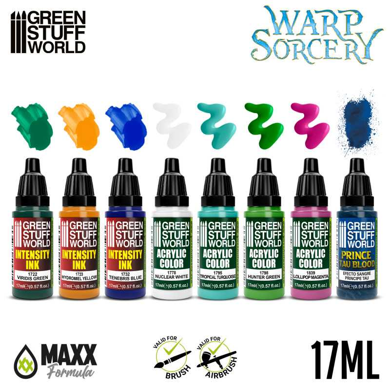 Warp Sorcery Paint Set by Green Stuff World. A set of 8 acrylic paints with an opaque and smooth matt finish to help you achieve a mystical look for your miniatures as this box set includes intensity inks and effect paint. Made using the new Green Stuff World Maxx Formula