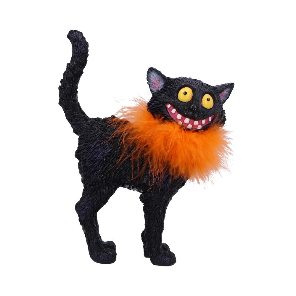 Furdinand a Black Cat With Orange Feather Boa by Nemesis Now. A cheeky black cat ornament with a wicked smile and awesome fashion sense. Bring a sense of joy and whimsy to your home decoration with this wonderful figurine of a black cat with its tail in the air, flecks of blue and purple in its fur and large yellow eyes.