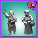 Market Traders, a pack of two metal miniatures by Bad Squiddo Games sculpted by Shane Hoyle. Two ladies going about their day trying to make a living selling goods on the market, one holds a hand in the air and the other has a basket on her arm and a hand reaching for a purse making great editions to your tabletop games, RPGs and hobby needs