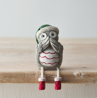 Grey Nordic Hear No Evil, See No Evil, Speak No Evil Sitting Christmas Owls With Dangling Legs. An adorable set of three sitting owls wearing festive hats