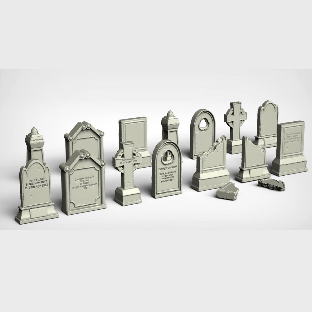 Gravestones by Crooked Dice, a pack of resin miniature gravestones useful to decorate your gaming table, Halloween diorama, to use as objective markers and more