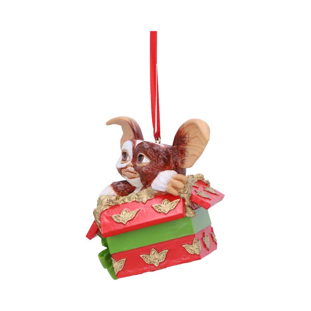 Gremlins Gizmo Gift  Hanging Ornament - Gizmo popping out of a red box with a green bow- Nemesis Now Christmas decoration 