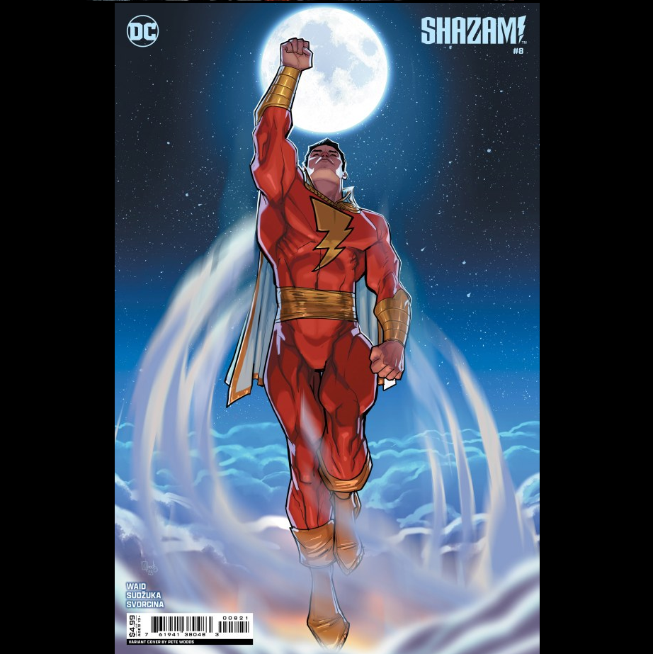 Shazam #8 from DC with cover art B written by Mark Waid with art by Goran Sudzuka. The Captain Vs Alien Dinosaurs.