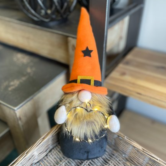 A fantastic Halloween Gonk holding a black wire LED pumpkin and wearing an orange felt hat with a black star in the middle.