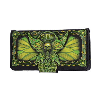 Absinthe La Fee Verte Embossed Purse from Nemesis Now. The elegant embossed green fairy design features a Deaths Head Moth and the practical purse features multiple slots for cards and coins.