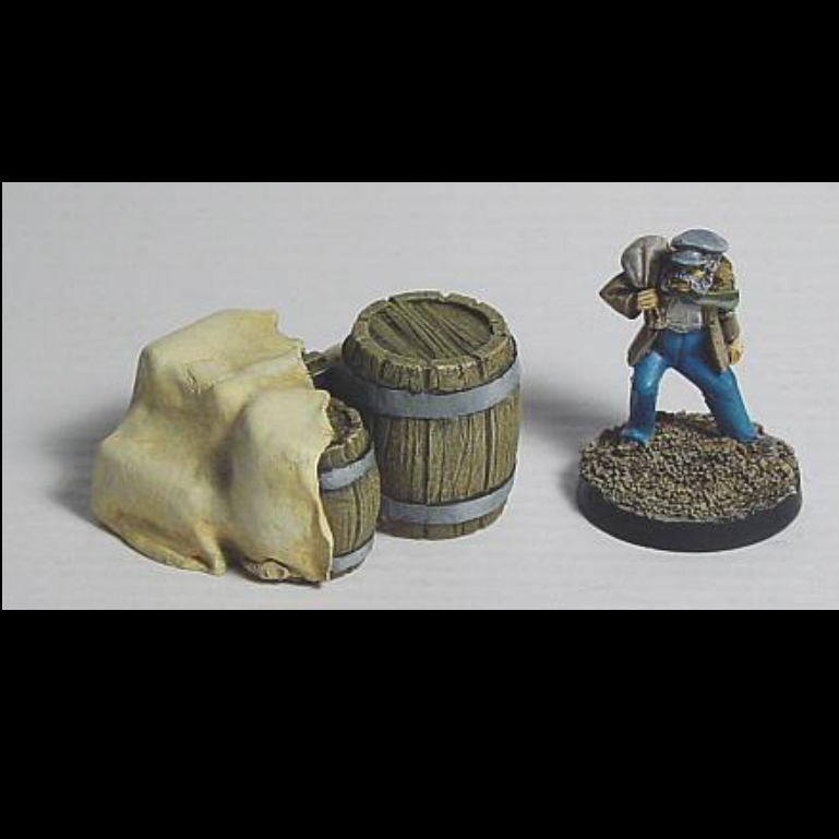 Good Stack 1&2 by Crooked Dice contains grain sack, barrels, axe and cloth to decorate your gaming table, add to your diorama or as scatter for your RPG. Sculpted by Jens Beckmann, cast in resin and provided unpainted.  