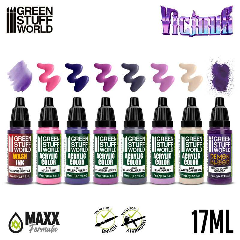 Vicious Paint Set by Green Stuff World. A set of 8 acrylic paints with an opaque and smooth matt finish, this set includes wash ink and effect paint. Made using the new Green Stuff World Maxx Formula and are provided in dropper bottles for easier flow control. 