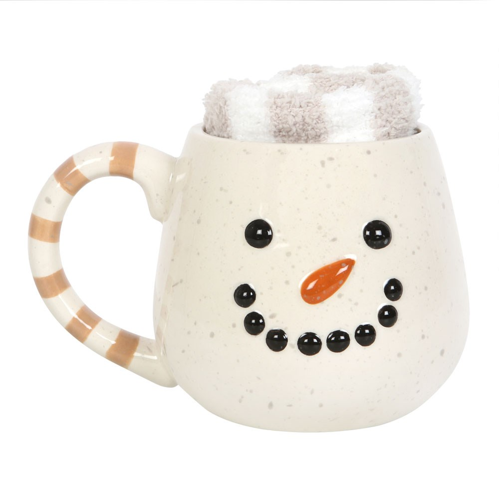 Snowman Mug and Sock Set. A cute and charming snowman shaped round mug with a pair of fluffy striped socks