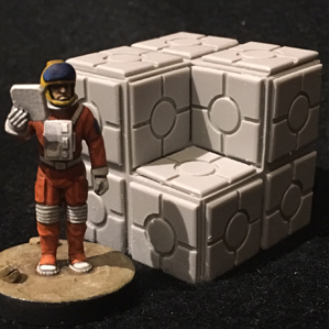 Cargo Crate Stack A by Crooked Dice, a resin miniature representing one sci-fi cargo crate stack for your RPGs, wargaming settings, spaceship terrain and tabletop games.