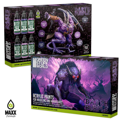 Darth Purple Paint Set by Green Stuff World. A set of 6 acrylic paints with an opaque and smooth matt finish to help you achieve a purple palette for your miniatures. Made using the new Green Stuff World Maxx Formula 