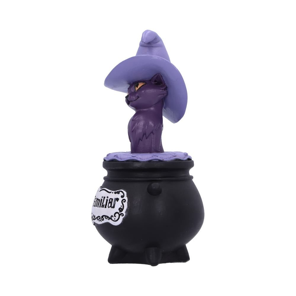 My Lil Familiar Shadow cat figurine.  An adorable ornament of a purple cat wearing an oversized witches hat sat on top of a black cauldron with the phrase My Lil' Familiar to symbolise you conjuring this cute kitty from the cauldron to be your familiar.