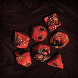 Red and black dice with gold num...