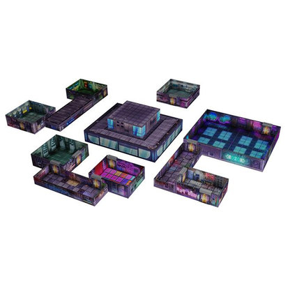 enfold Dungeon Cyberpunk City. A big box of modular tabletop terrain designed to represent a cyberpunk city with neon style signs and an air of poverty. Containing 12 illustrated rooms with 1"x1" grid discretely layered into the environment for your RPGs.