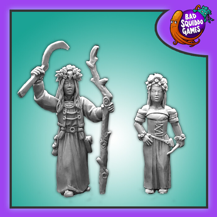 May Queens, a pack of two metal miniatures by Bad Squiddo Games sculpted by Shane Hoyle. Two ladies ready to celebrate May Day for your tabletop games, RPGs and hobby needs