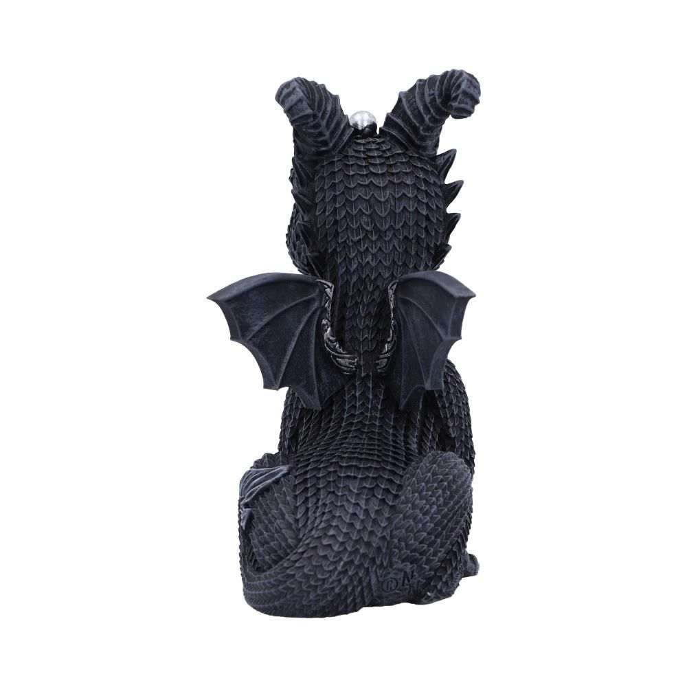 Lucifly from Nemesis Now an adorable black occult dragon figurine with scaly texture and silver crescent moon and pentagram detail making a wonderful edition to your collection or as a gift for a friend