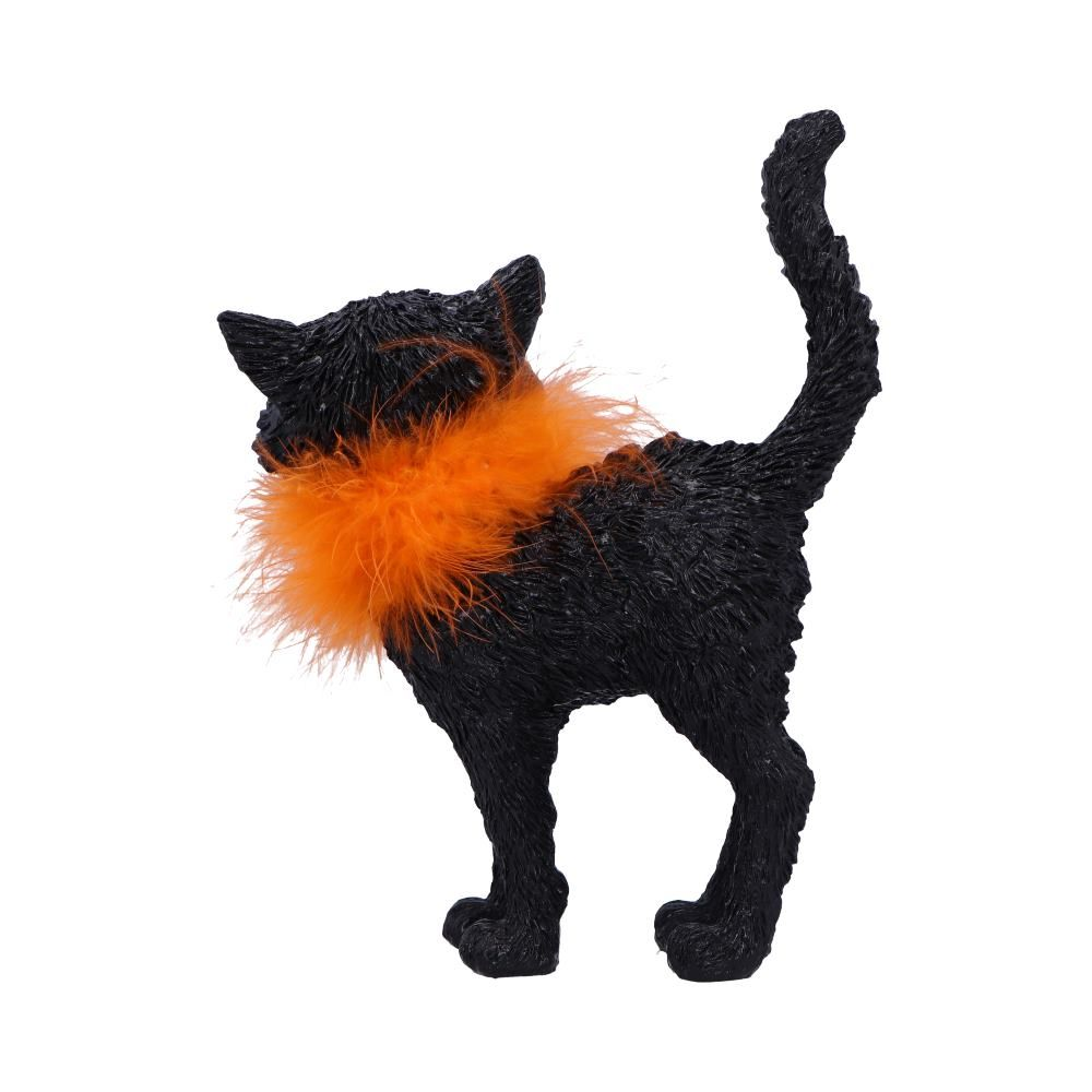 Furdinand a Black Cat With Orange Feather Boa by Nemesis Now. A cheeky black cat ornament with a wicked smile and awesome fashion sense. Bring a sense of joy and whimsy to your home decoration with this wonderful figurine of a black cat with its tail in the air, flecks of blue and purple in its fur and large yellow eyes.