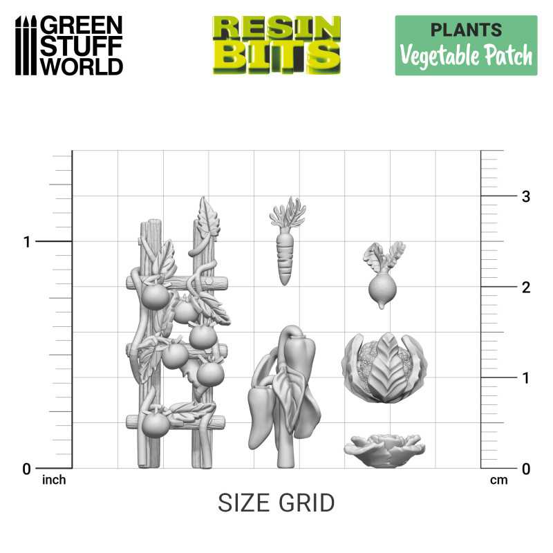 Vegetable Patch from the Resin Bits by Green Stuff World. A pack of 21 3D printed ABS-like resin veggies including carrots and cauliflowers for you to use on your miniatures bases, magical woodland scene dioramas and other hobby projects.