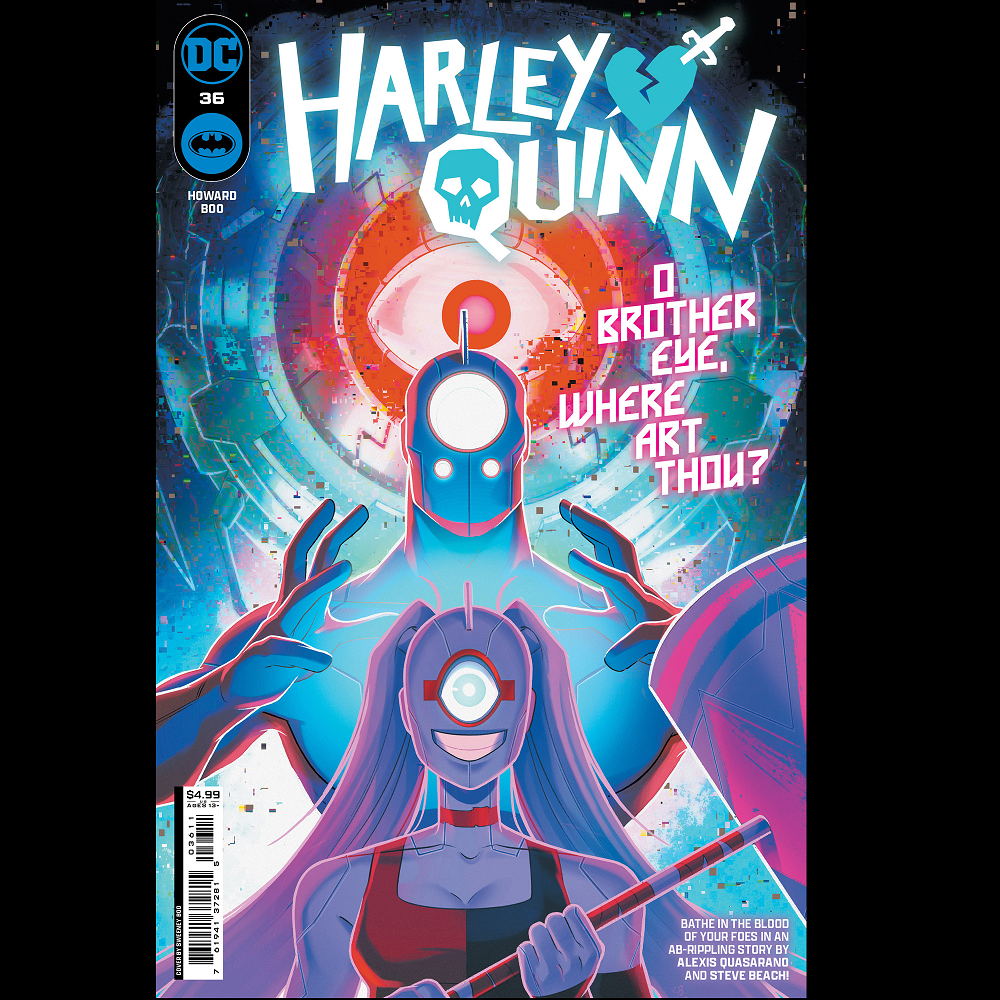 Harley Quinn #36 from DC comics with variant cover art A, by Tini Howard and Alexis Quasarano with art by Sweeney Boo and Steve Beach. Save, salad or death part one. Fighting for her life against Brother Eye and his dang O.M.A.C.s    