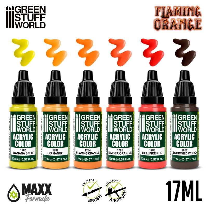 Flaming Orange Paint Set by Green Stuff World. A set of 6 acrylic paints with an opaque and smooth matt finish to help you achieve a flaming look for your miniatures. Made using the new Green Stuff World Maxx Formula