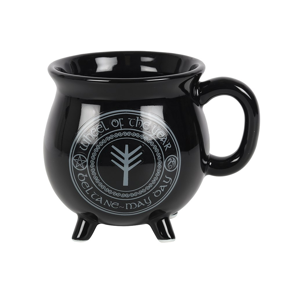 Beltane Colour Changing Cauldron Mug By Anne Stokes. This black cauldron mug features Beltane the symbol of the Gaelic May Day festival